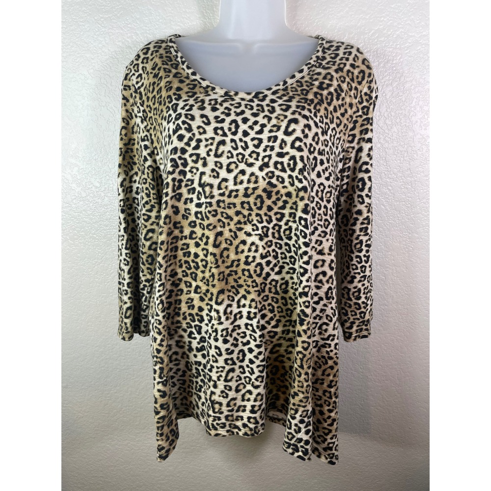 Chicos 2 US Large Tunic Top Tan Black Leopard Print 3/4 Sleeve Cotton Modal